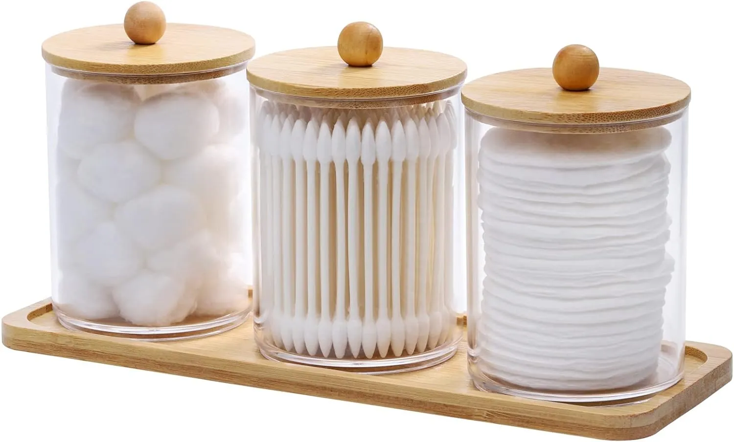 10 Oz Cotton Swab/Ball/Pad Holder with Vanity Tray, Qtip Apothecary Jar, Clear Bathroom Containers Dispenser for Storage 3 Pack Wood Lids