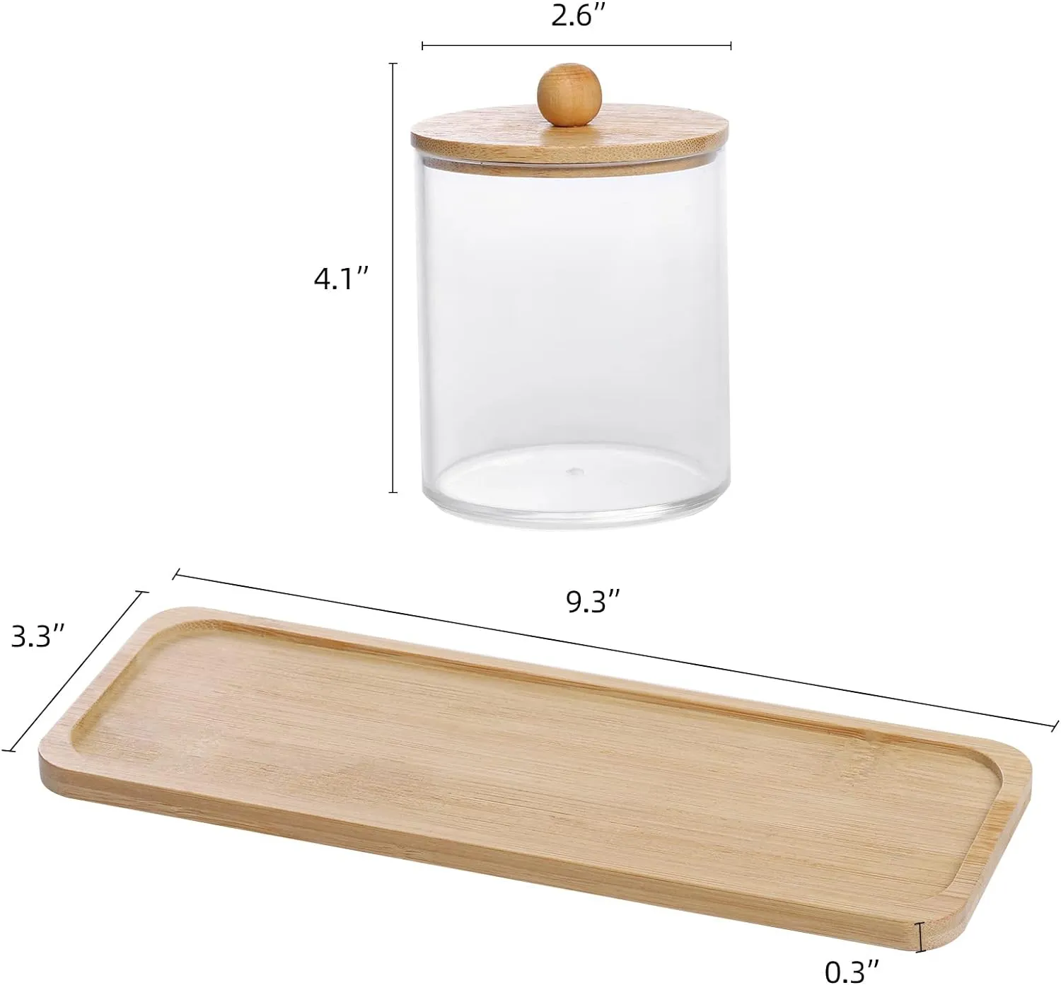 10 Oz Cotton Swab/Ball/Pad Holder with Vanity Tray, Qtip Apothecary Jar, Clear Bathroom Containers Dispenser for Storage 3 Pack Wood Lids