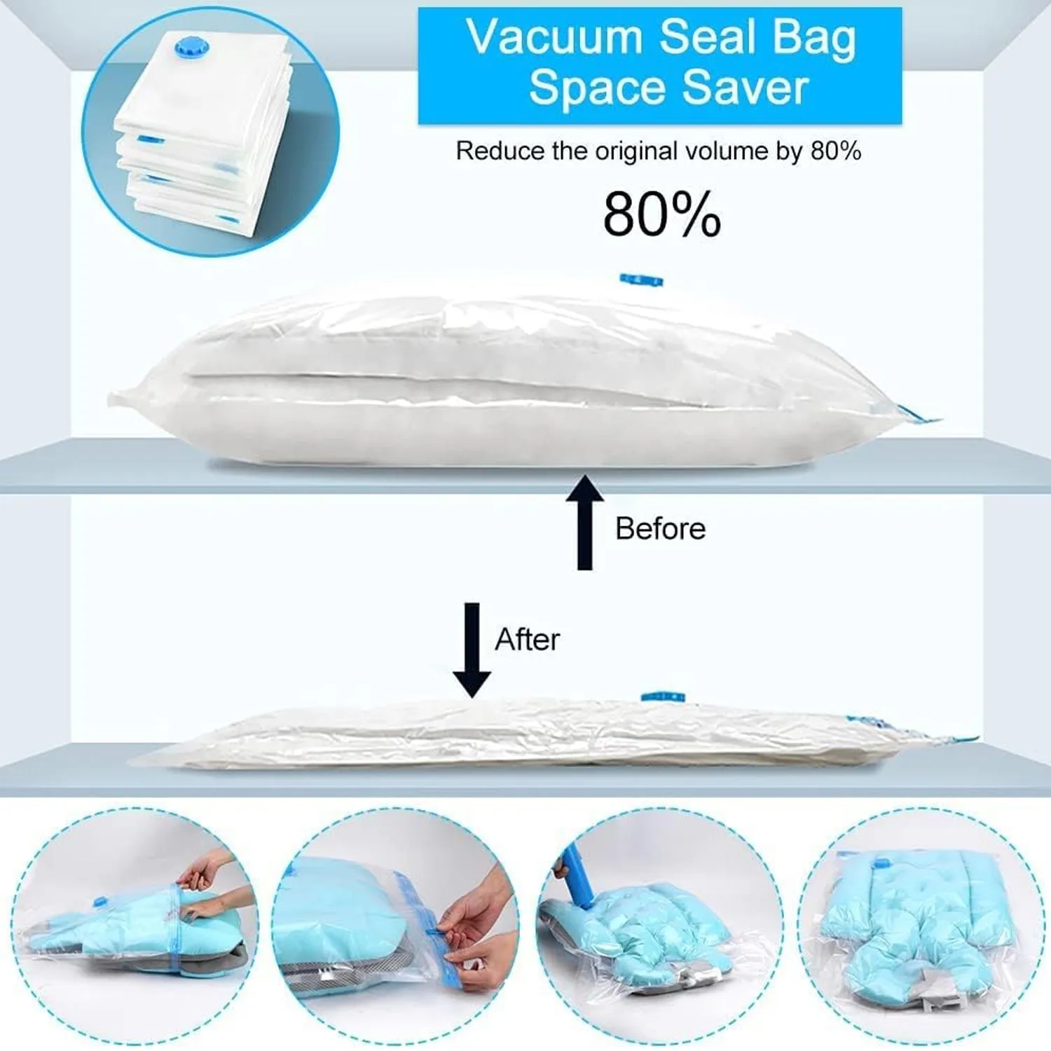 17826 Vacuum Storage Bags with Suction Pump & Shirt clips - Vacuum Bags - Big Capacity Vacuum Seal Bags for Travel Clothes Blankets Pillows, Compression Bags | Space Saver Vacuum Storage Bags (5 Pcs Set)