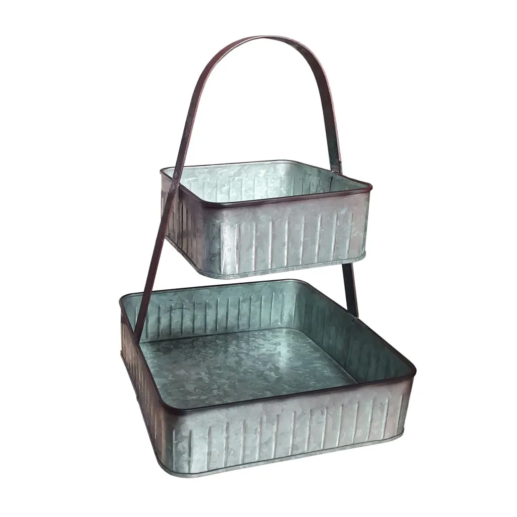 2 Tier Square Galvanized Metal Corrugated Tray with Arched Handle, Gray By Casagear Home