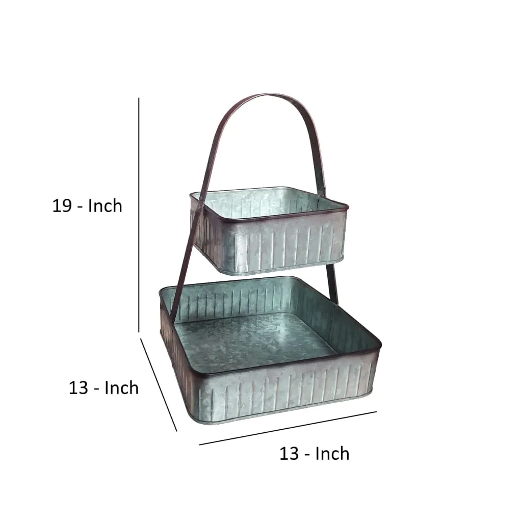 2 Tier Square Galvanized Metal Corrugated Tray with Arched Handle, Gray By Casagear Home