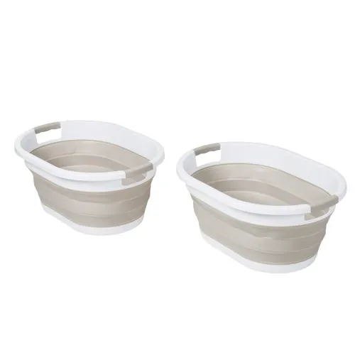 2pc Collapsible Rubber Laundry Baskets, Warm Gray/White