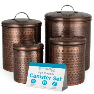 BIRDROCK HOME 4pc Food Storage Canister Set | Hammered Antique Copper with Airtight Lids | Rustic Metal Containers for Flour, Sugar, Baking Ingredients | Farmhouse Kitchen Countertop Organizer