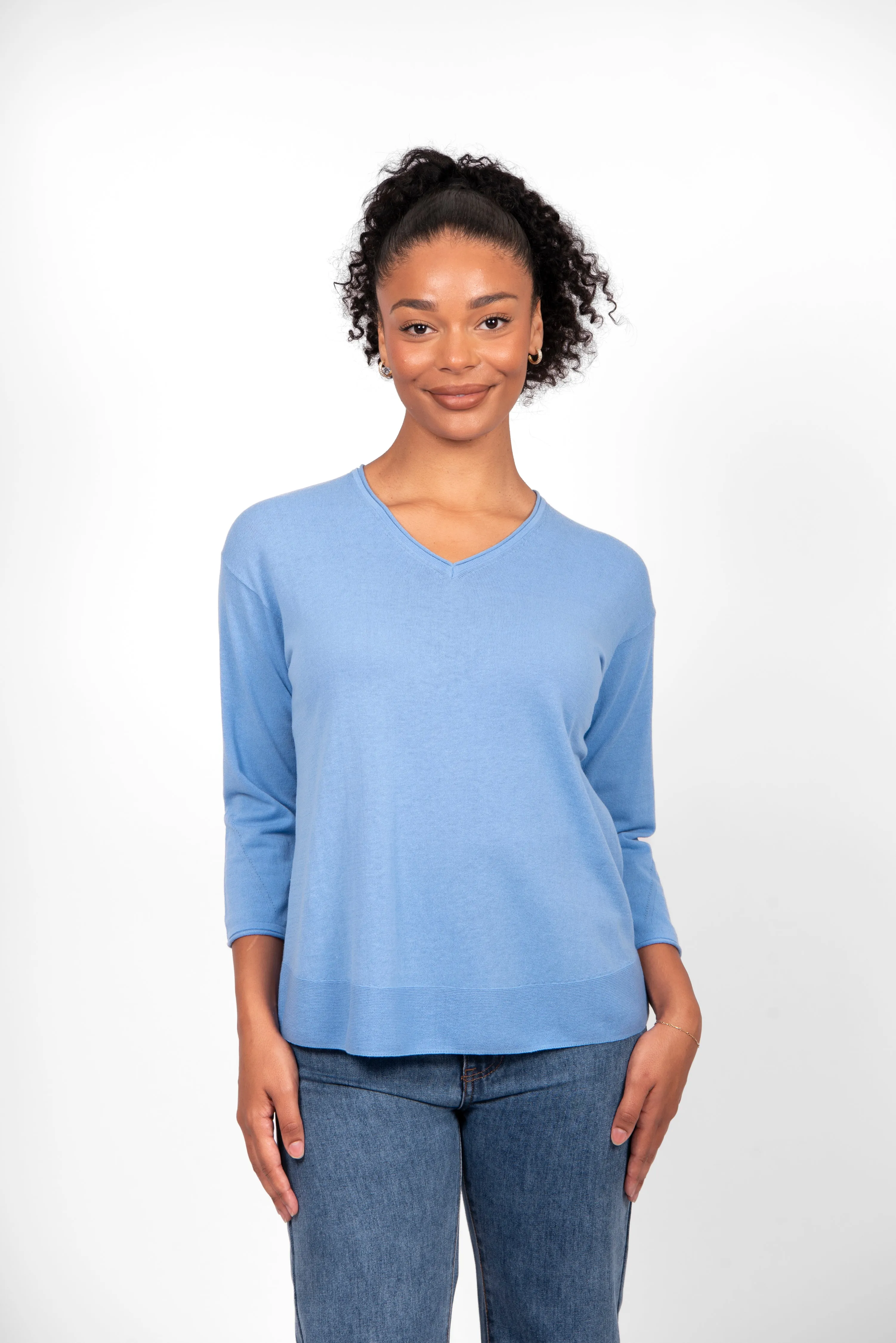 Bridge & Lord - V Neck 3/4 Sleeve Top-Cornflower