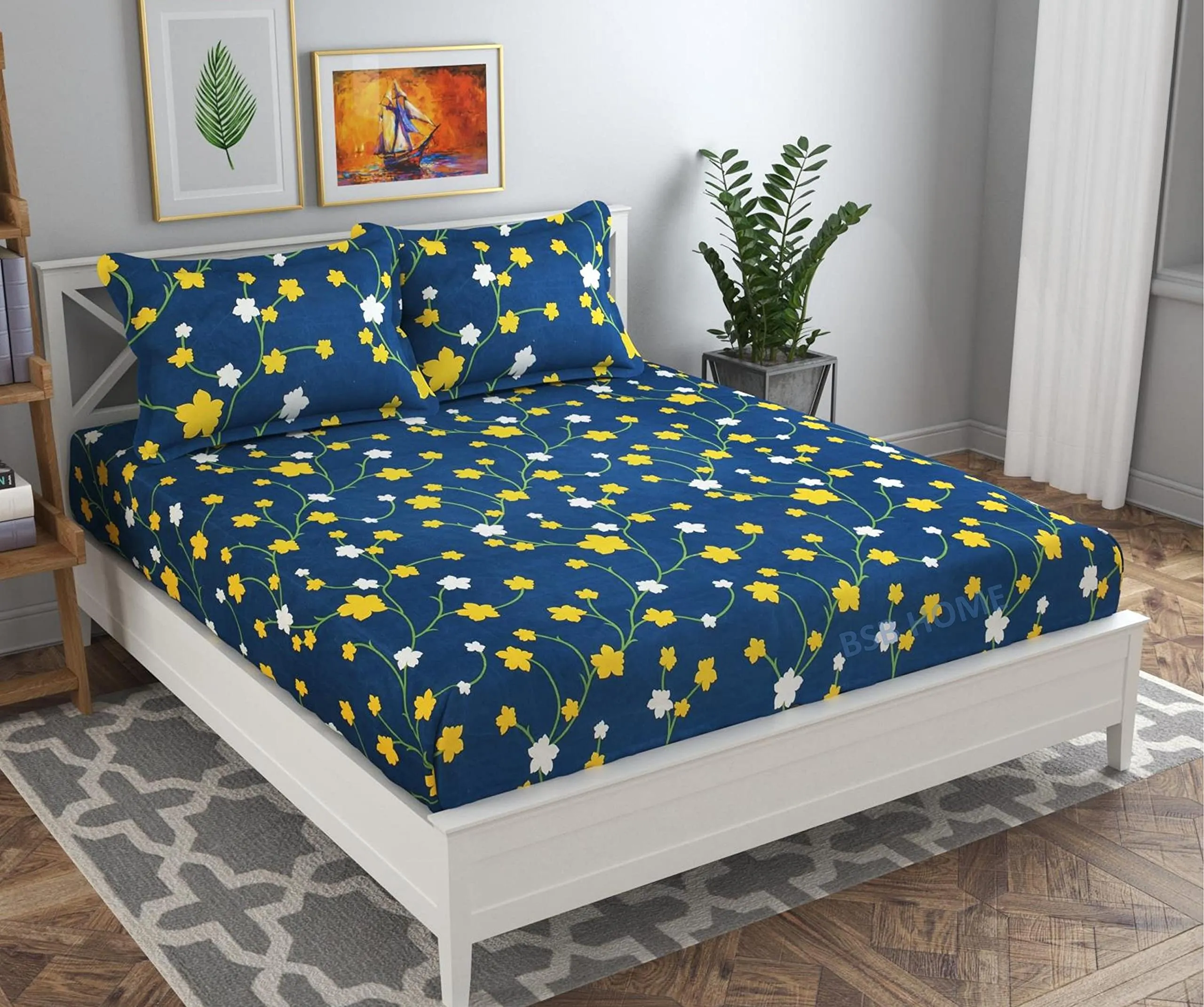 BSB HOME Premium Cotton Elastic Fitted Bedsheets with 2 King Size Pillow Covers | Double Bed with All Around Elastic 180 TC Supersoft | Size - 72 King Sizex78 10 in | Blue Yellow and White Leaf