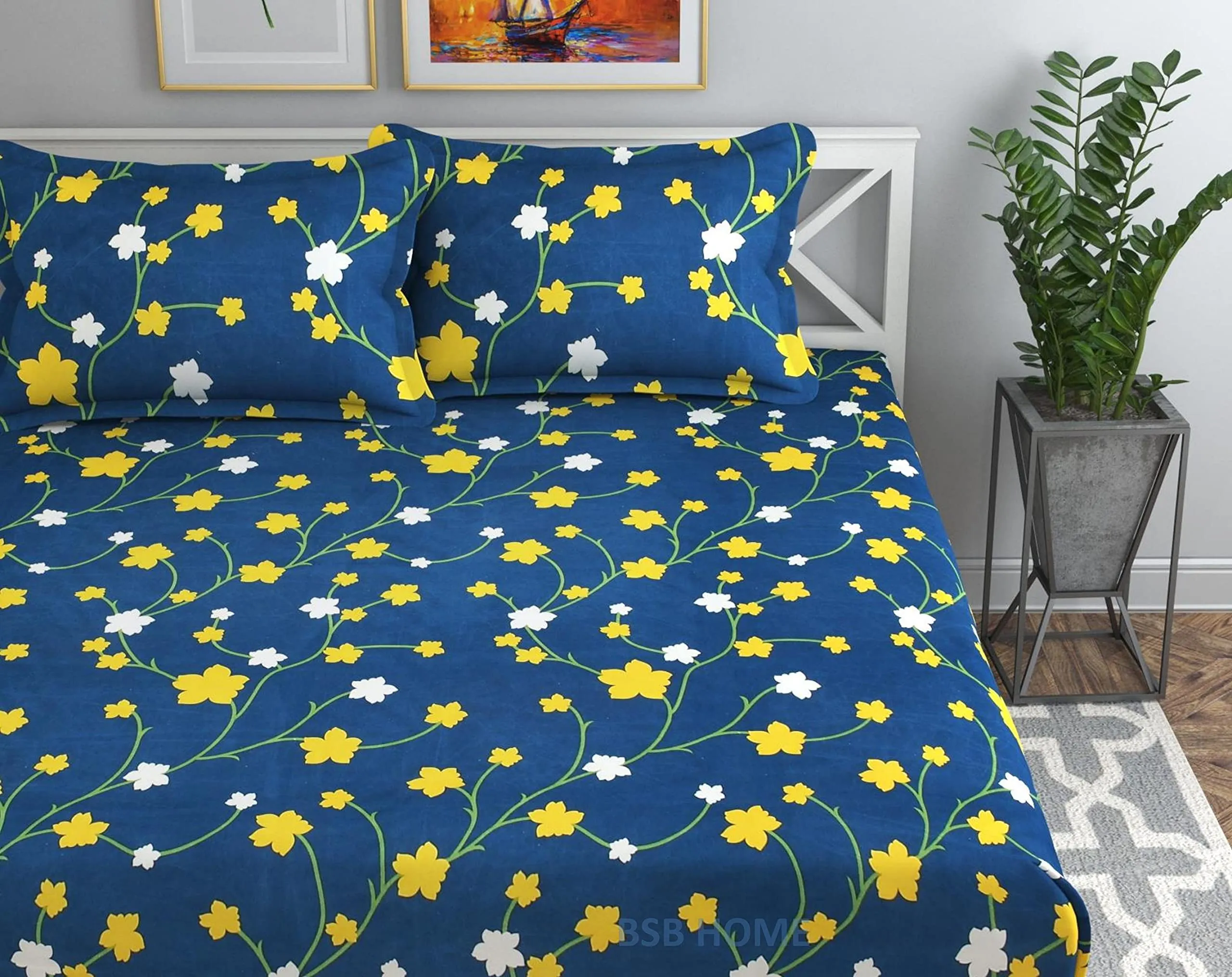 BSB HOME Premium Cotton Elastic Fitted Bedsheets with 2 King Size Pillow Covers | Double Bed with All Around Elastic 180 TC Supersoft | Size - 72 King Sizex78 10 in | Blue Yellow and White Leaf