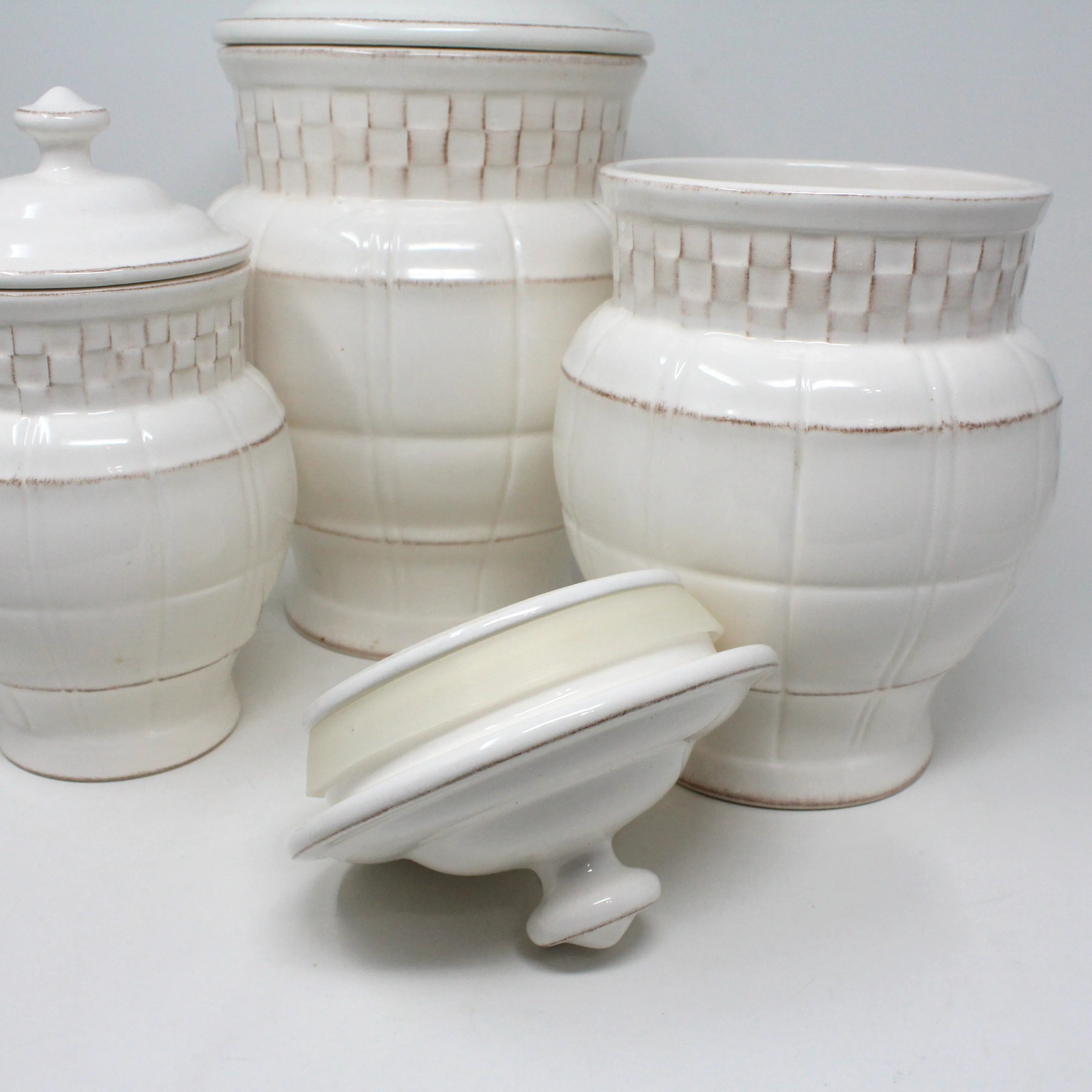 Canister Set, American Atelier, Seville White Ironstone, Set of 3, SOLD