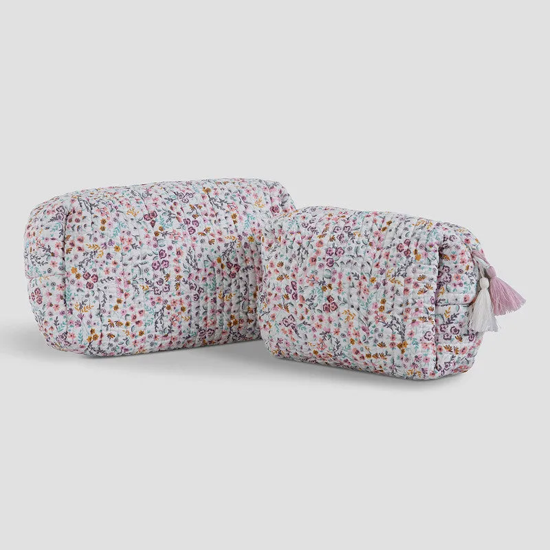 Cotton Quilted Toiletry Pouch Set | Sweet Peony | Blue