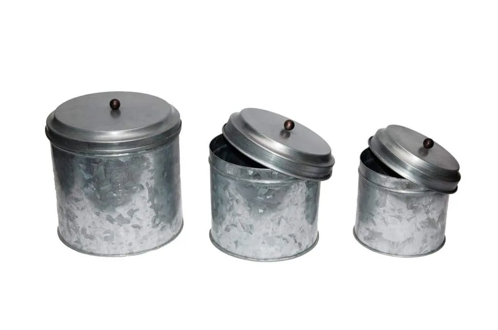 Galvanized Metal Lidded Canister With Ball Knob, Set of Three, Gray-AMC0015