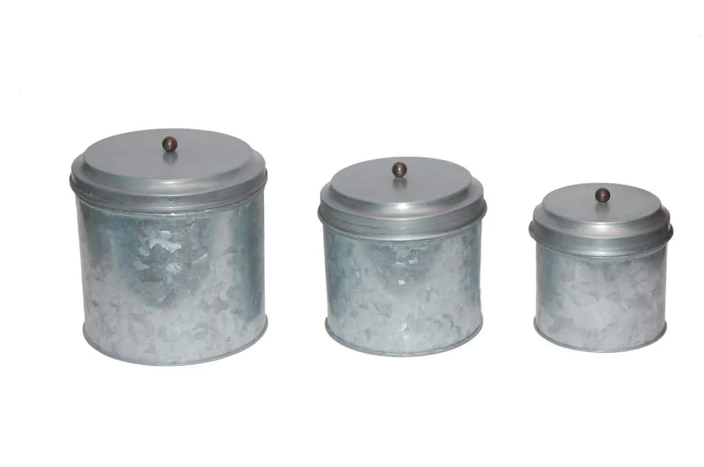 Galvanized Metal Lidded Canister With Ball Knob, Set of Three, Gray-AMC0015