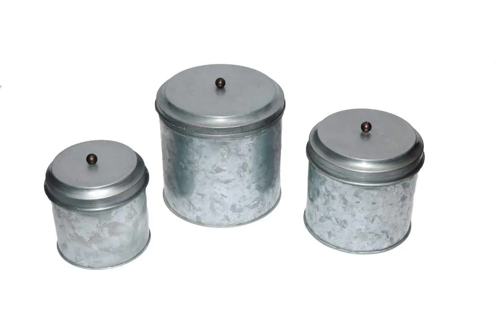 Galvanized Metal Lidded Canister With Ball Knob, Set of Three, Gray-AMC0015