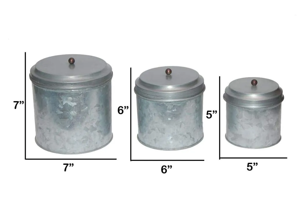 Galvanized Metal Lidded Canister With Ball Knob, Set of Three, Gray-AMC0015