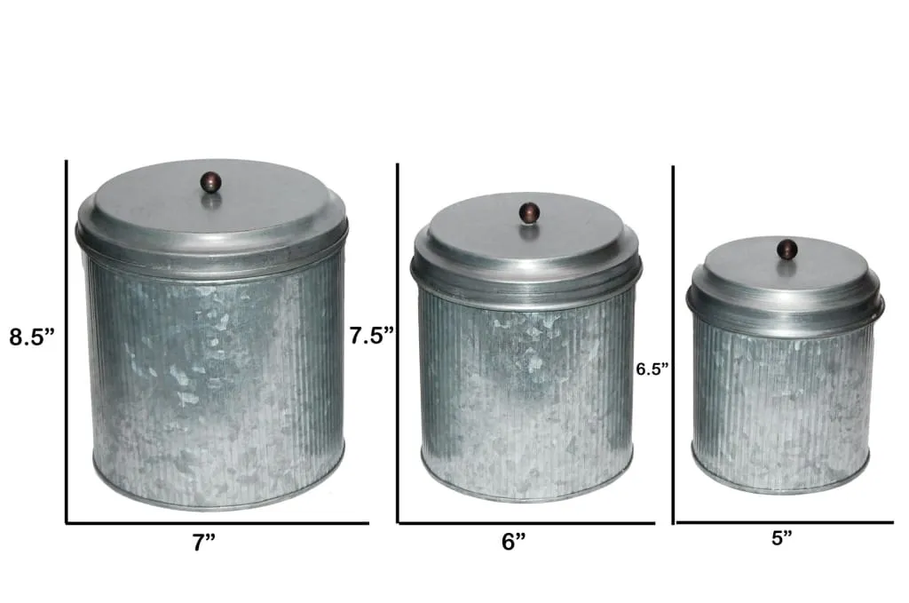 Galvanized Metal Lidded Canister With Ribbed Pattern, Set of Three, Gray