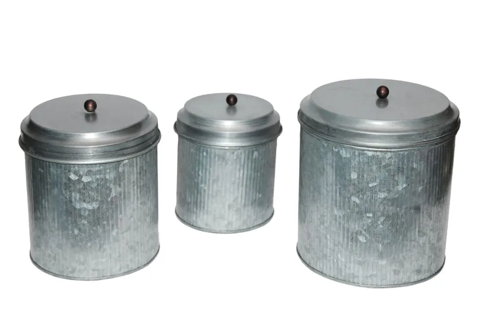 Galvanized Metal Lidded Canister With Ribbed Pattern, Set of Three, Gray