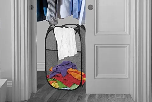 Handy Laundry Mesh Popup Hamper – Foldable Lightweight Basket for Washing – Durable Clothing Storage for Kids Room, Students College Dorm, Home, Travel & Camping – Black Pop-up Clothes Hamper