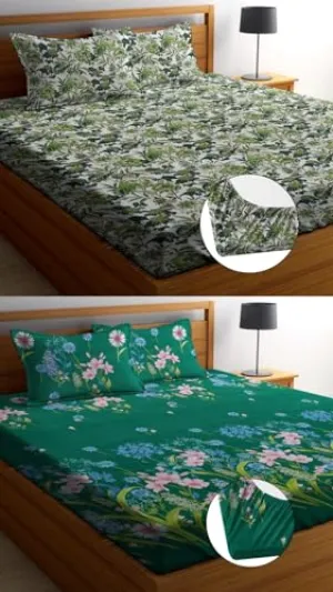 HIYANSHI HOME FURNISHING® Combo of 2 Elastic Fitted King Size Cotton Feel Bedsheets with 4 Pillow Covers Double Bed All Round Elastic (King Size 72''X78'' 10'' INCH, Forest - Green)