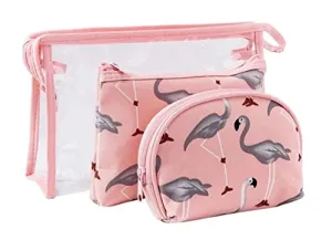 House of Quirk Flamingo Makeup Bag Set for Women's Portable 3 Different Sizes Toiletry Bag for Travel Daily Use for Women's Girl (Flamingo Dark Blue, Set of 3) 23 cms