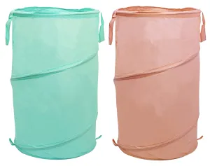 Kuber Industries Multipurpose Foldable & Collapsible 50-Litre Pop-Up Laundry Bag Basket with Zippered Lid And Carry Handle-Set of 2 (Green & Peach)