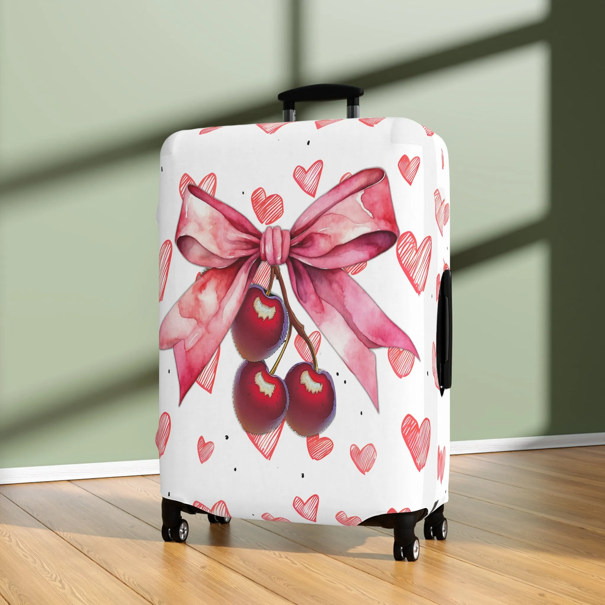 Luggage Cover, Rockabilly, Coquette, Pink Hearts Cherries and Ribbon, awd-2501