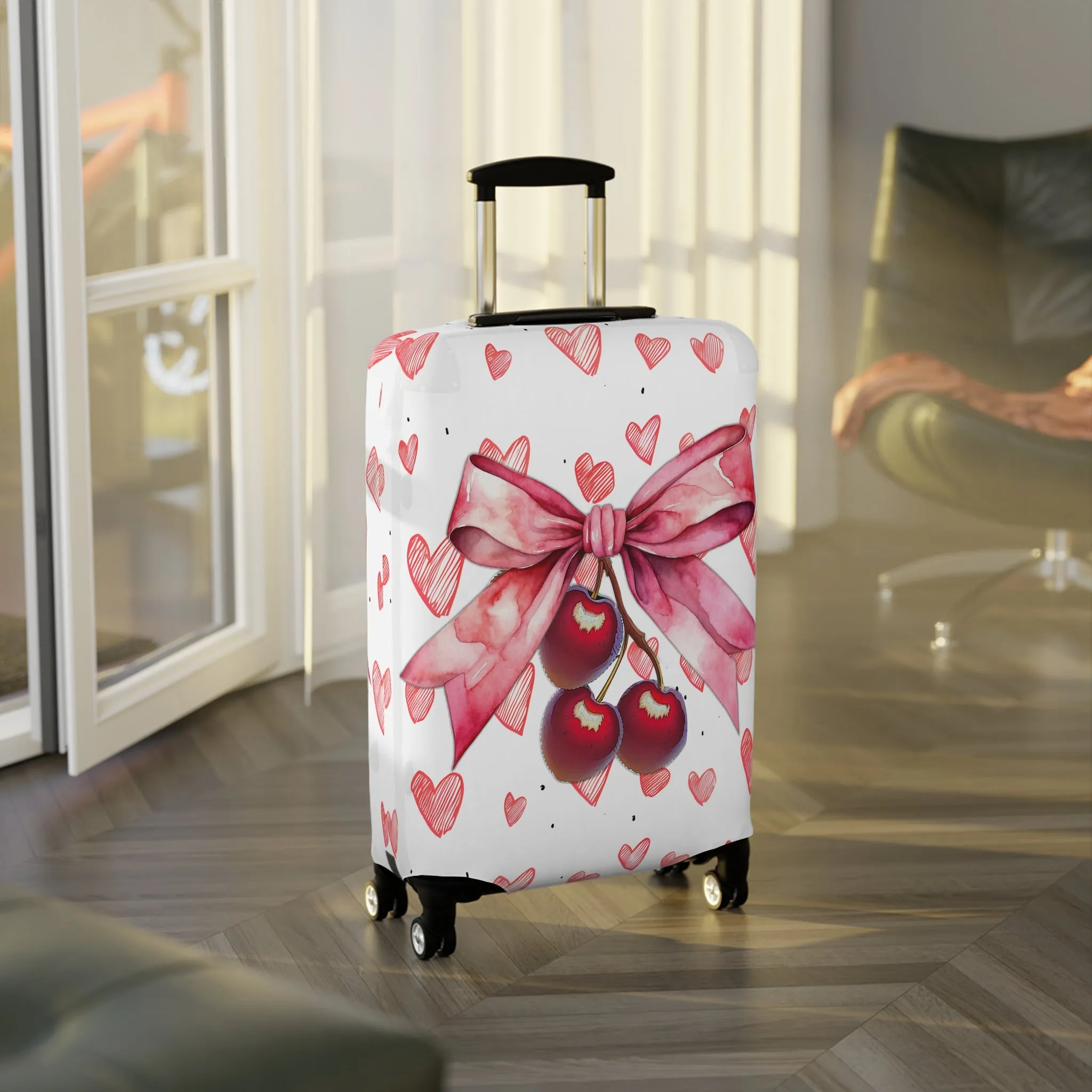 Luggage Cover, Rockabilly, Coquette, Pink Hearts Cherries and Ribbon, awd-2501