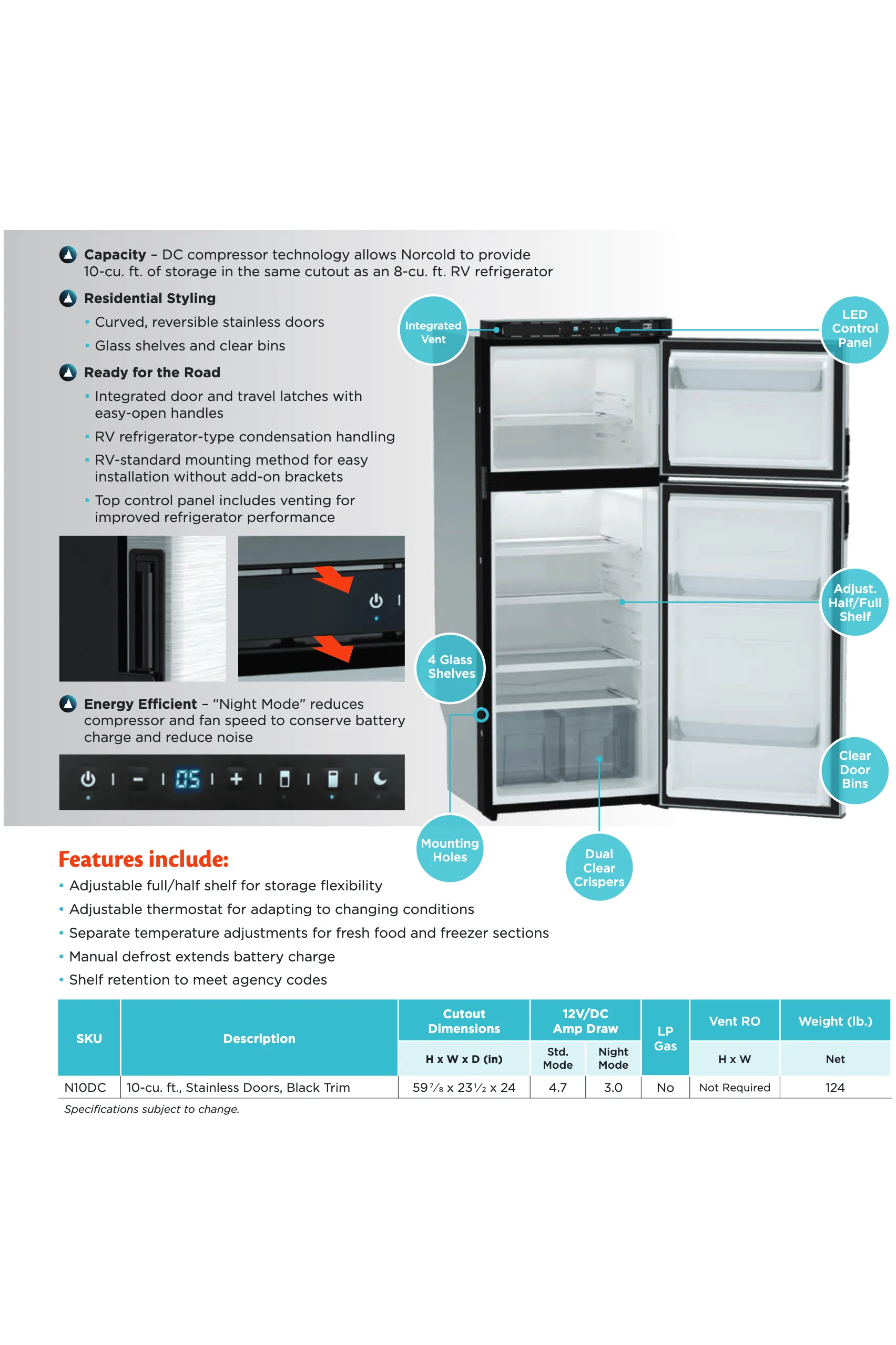 Norcold Polar N10DC 12V DC 10 Cu. Ft. Refrigerator (Right Hand Swing Stainless Steel)