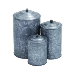 Rustic Metal Galvanized Canisters- Set of 3- Benzara