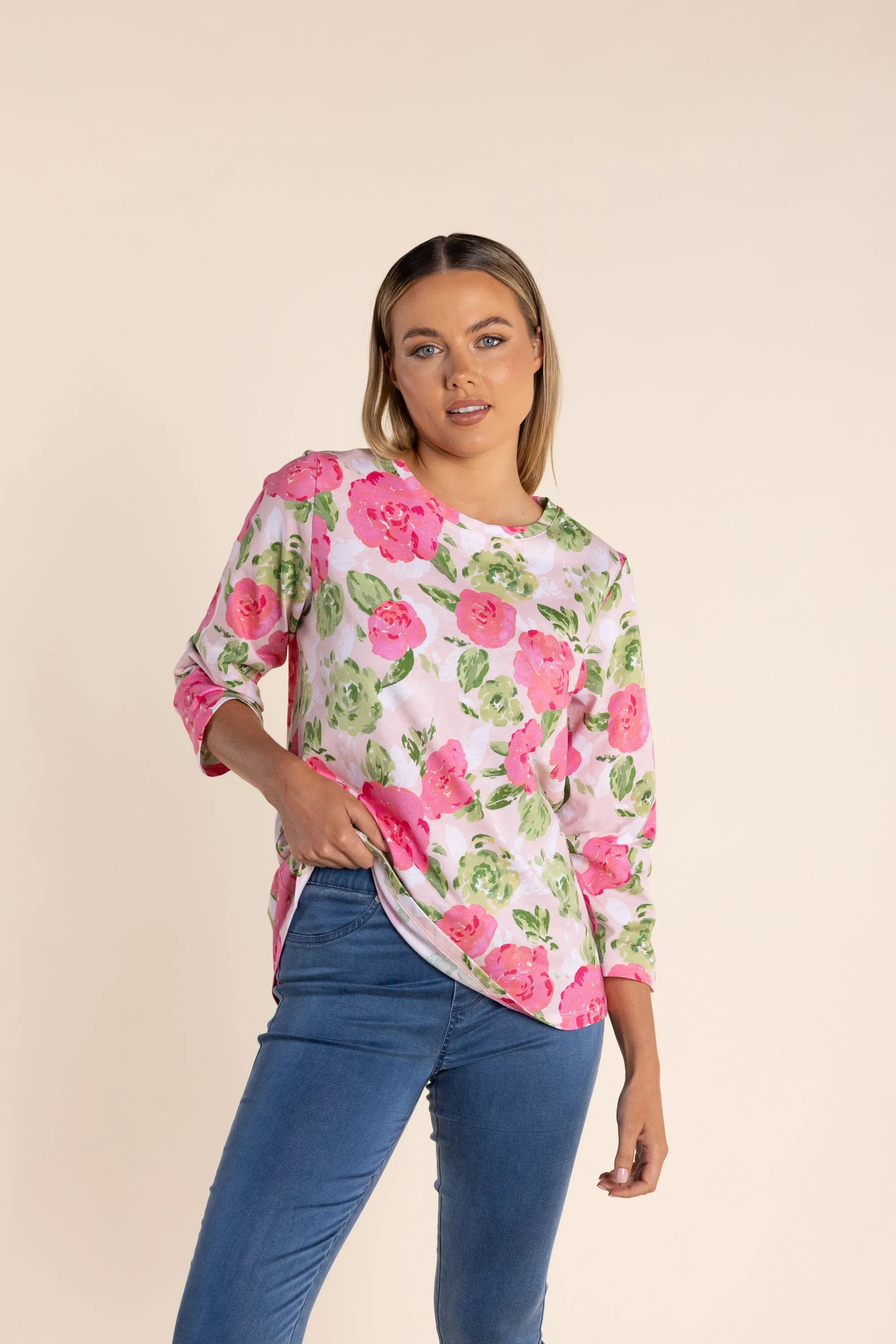 Two T's - Jersey 7/8 Sleeve Top Rose Print