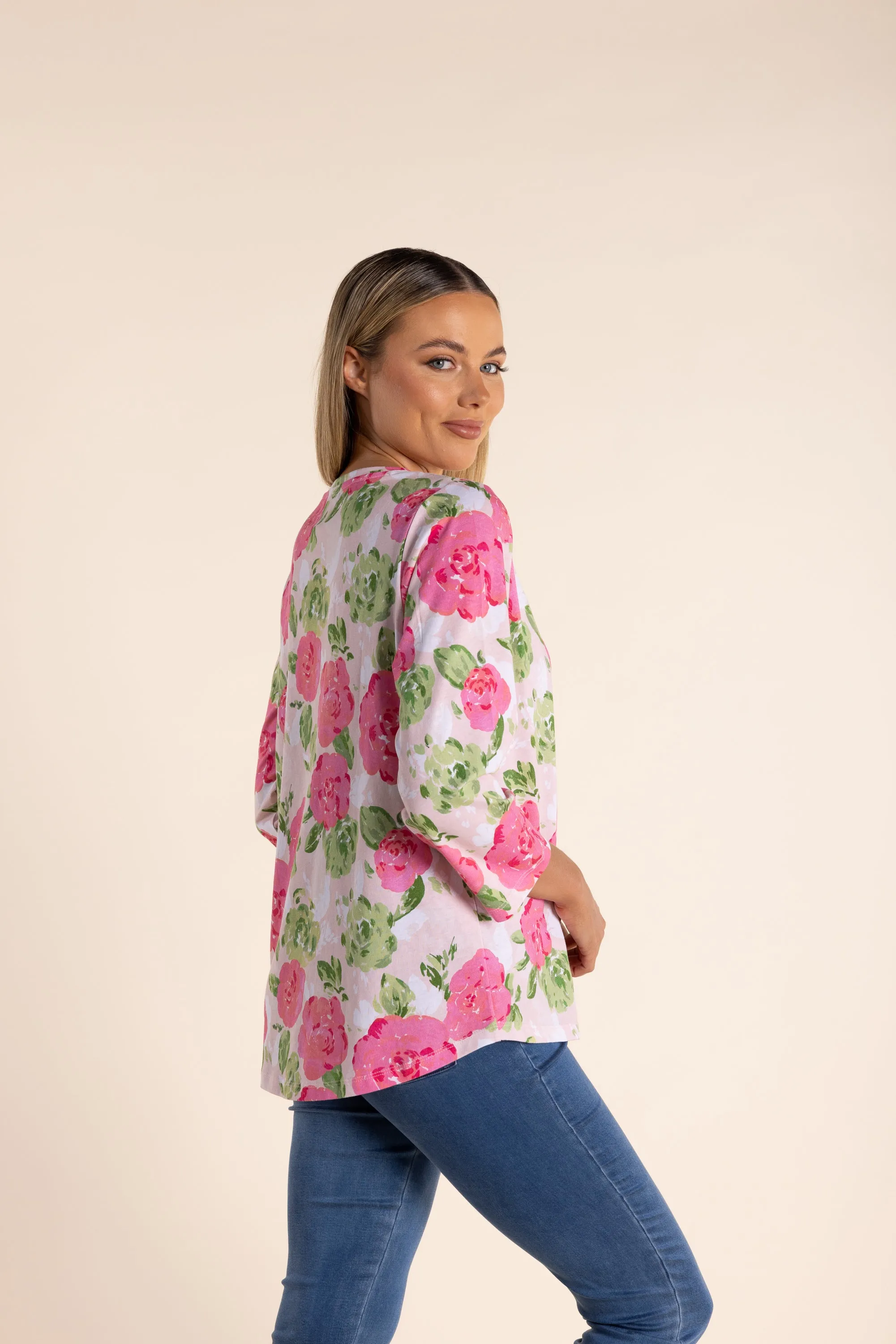 Two T's - Jersey 7/8 Sleeve Top Rose Print