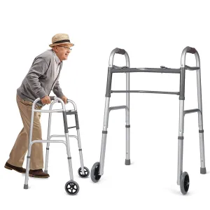 Versatile 32"-39" Adjustable Foldable Walker with 5" Wheels & Folding Button, Supports up to 300 lbs